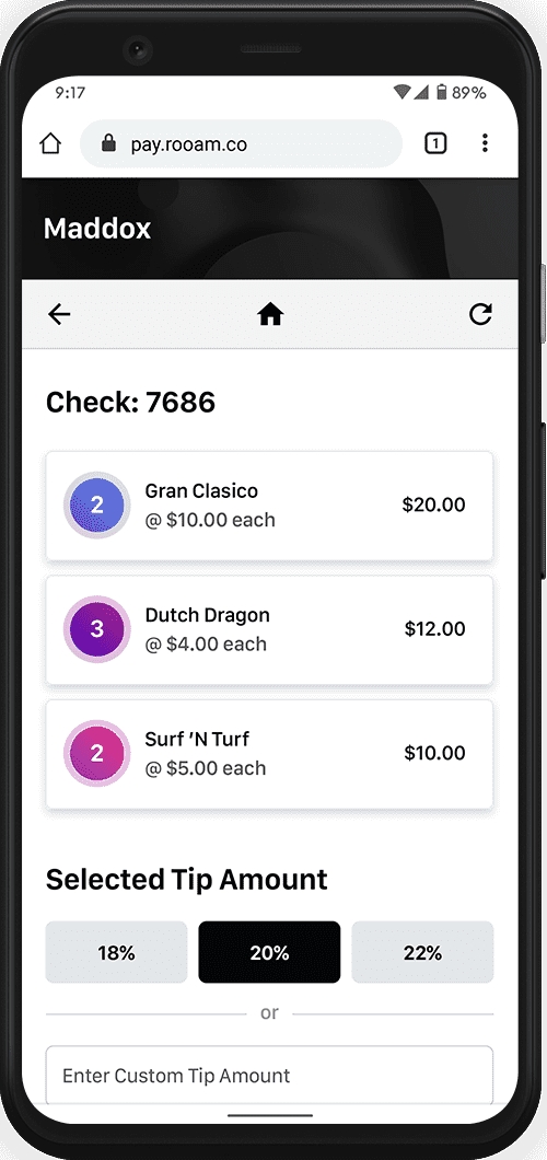 Rooam Pay check with ordered items
